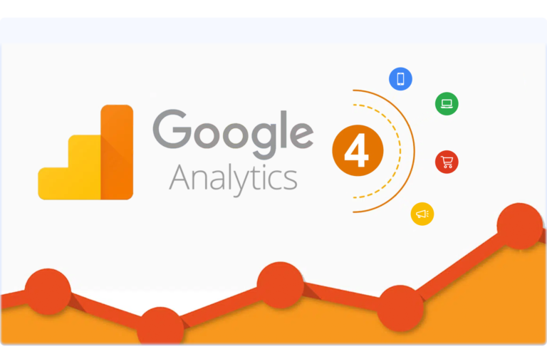 Illustration of Google Analytics 4 logo with an orange graph line at the bottom. Icons representing a phone, desktop, shopping cart, and megaphone are displayed on the right, emphasizing multi-platform analysis.