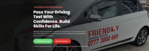 Friendly Driving School website homepage hero showing a branded driving school car