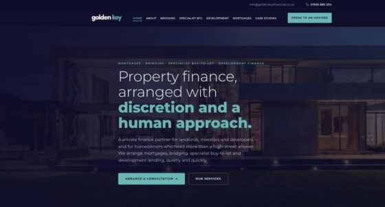 Golden Key website home page with a dark property finance hero and a book a consultation button.