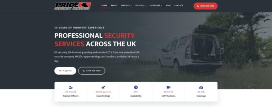 Pride K9 security website home page with a patrol van and the headline Professional Security Services Across the UK.
