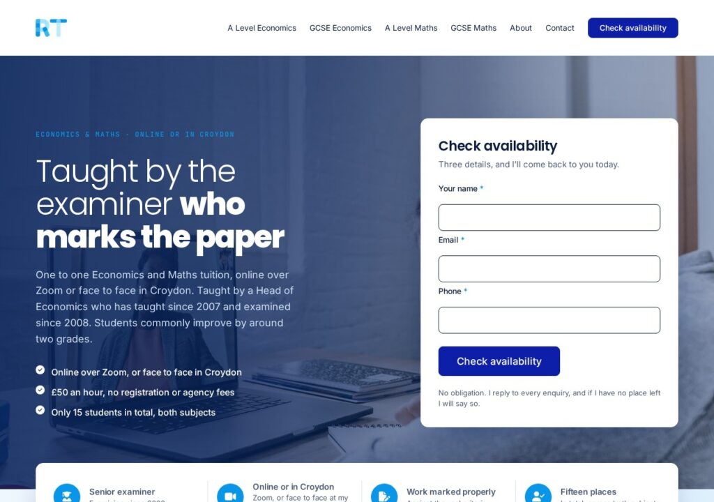 RT Tuition website homepage — Economics and Maths tutor in Croydon and online
