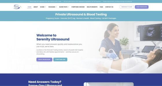Serenity Ultrasound website home page showing a sonographer scanning a patient under a private ultrasound banner.