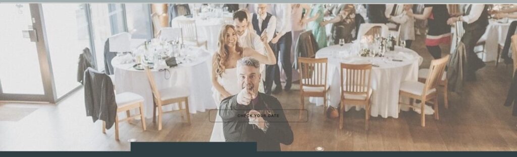 Undercover Waiters website hero showing a waiter entertaining guests at a wedding reception.